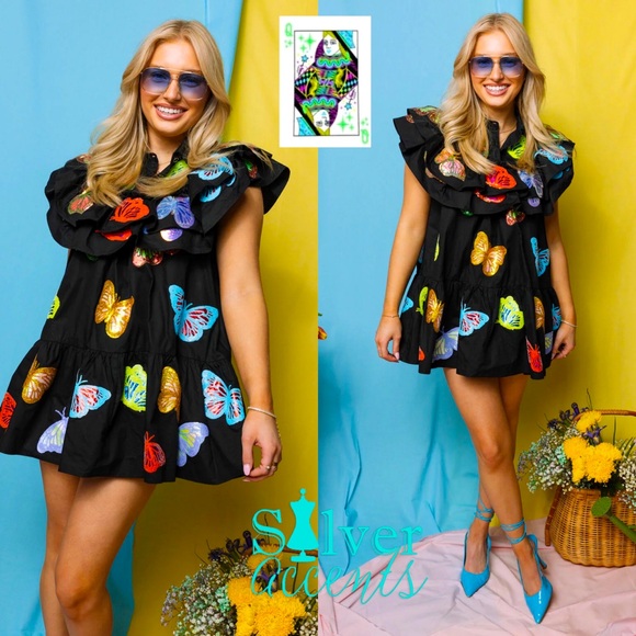 QUEEN OF SPARKLES BlackMulti BUTTERFLY Ruffle Dress NWT